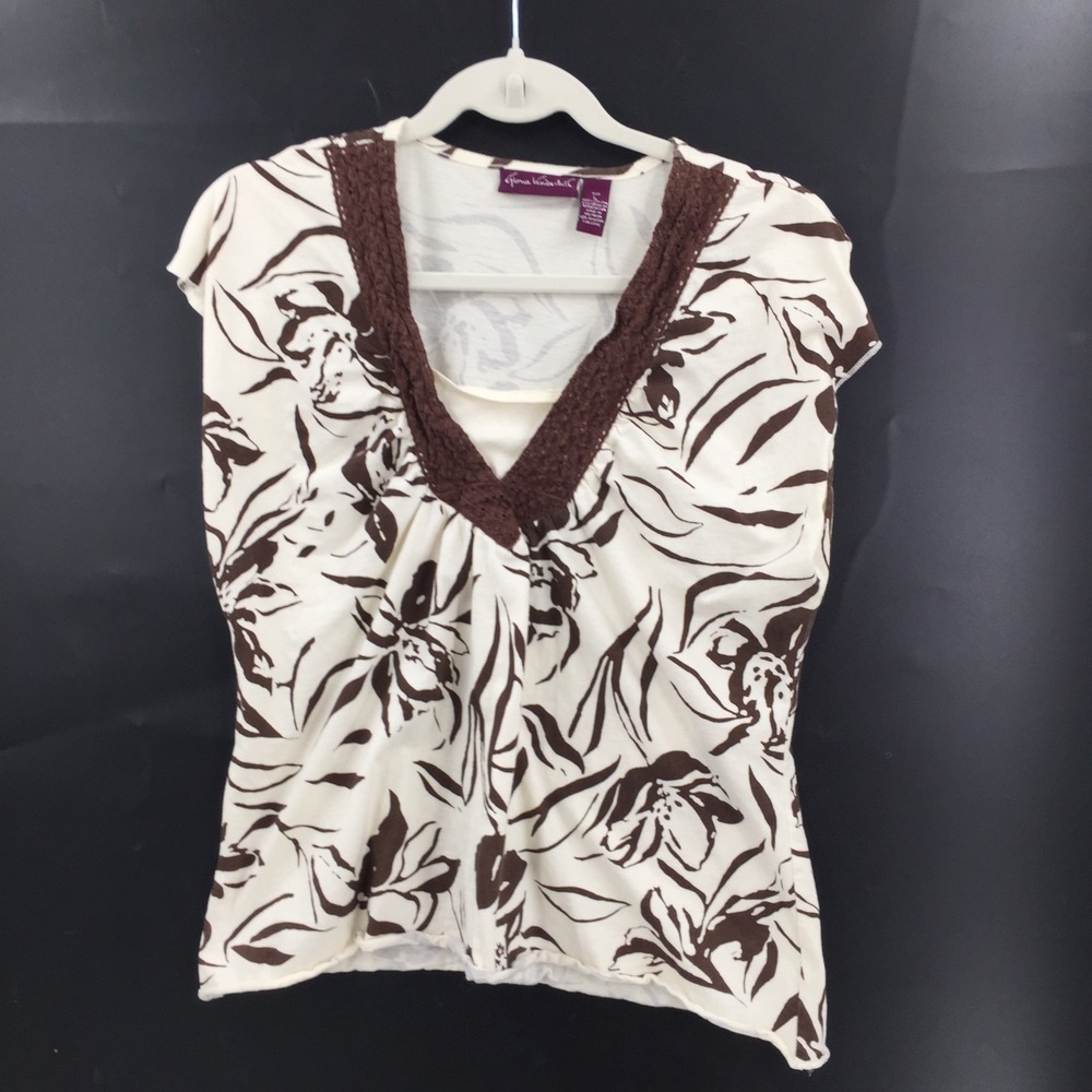 y2k retro Gloria Vanderbilt White Brown abstract floral Double Layered top L